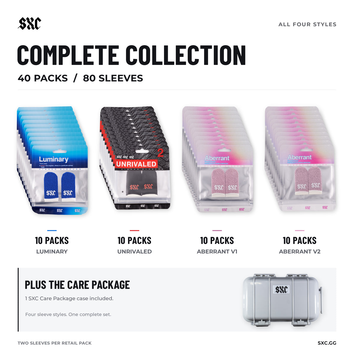 SXC Complete Collection: ten retail packs each of Luminary, Unrivaled, Aberrant V1 and Aberrant V2, plus one SXC Care Package case. 40 packs and 80 finger sleeves total.