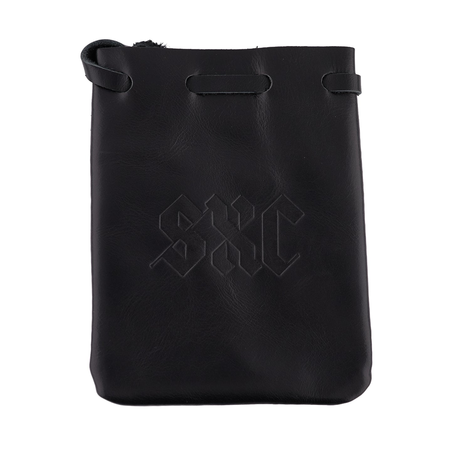 Black SXC leather drawstring pouch, front view on white background.