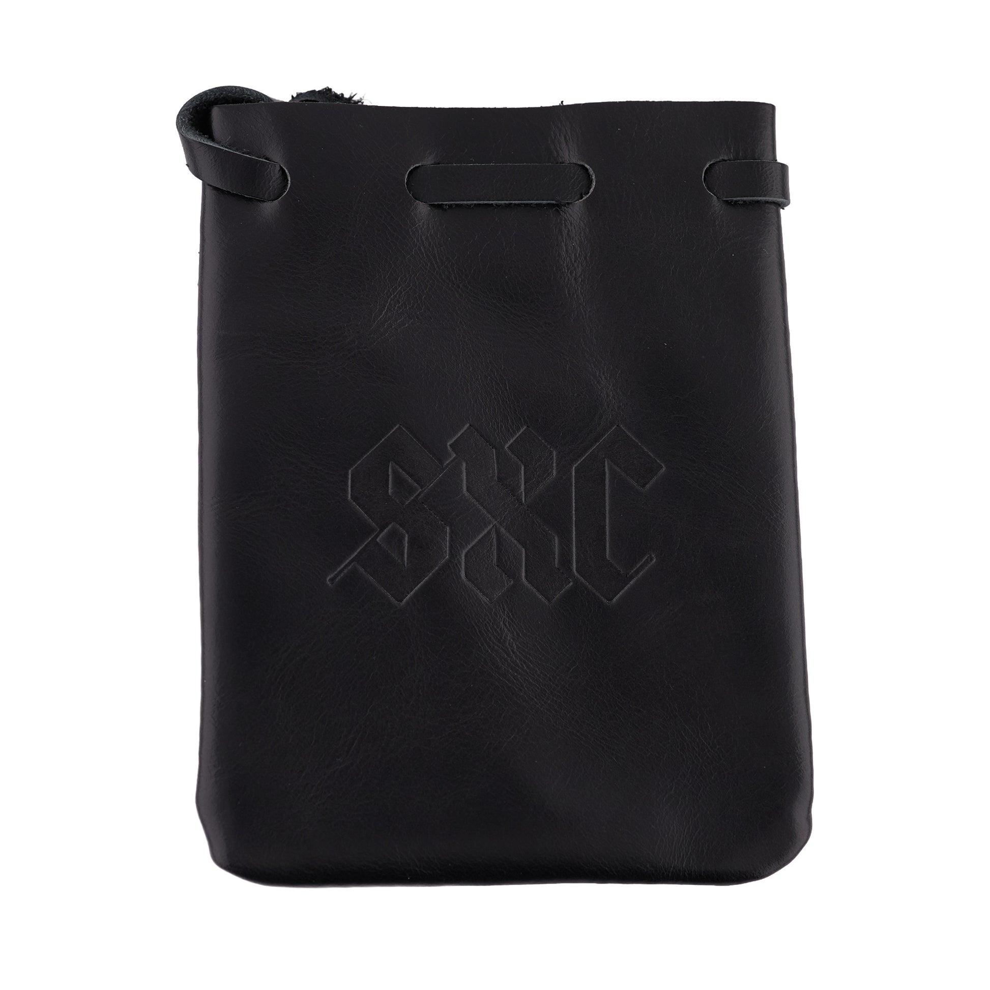 Black SXC leather drawstring pouch, front view on white background.