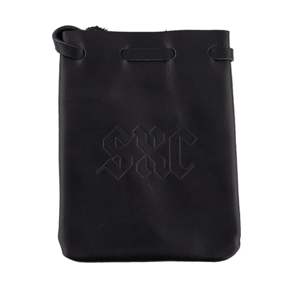 Black SXC leather drawstring pouch, front view on white background.