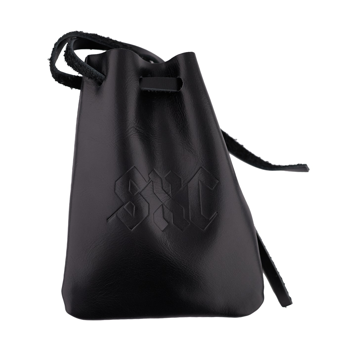 Black SXC leather drawstring pouch, three-quarter front view on white background.