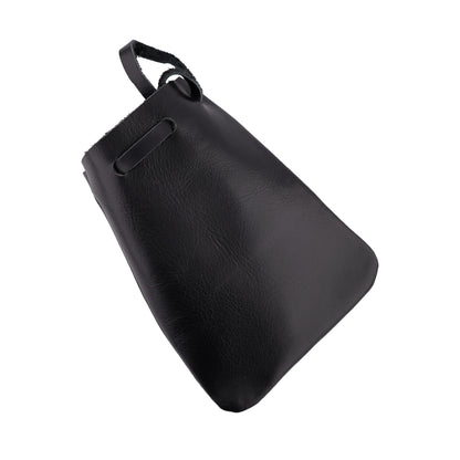 Black SXC leather drawstring pouch, rear and side angle on white background.