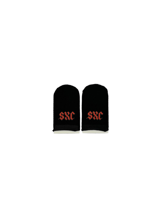 Black fingerless gloves with red 'SXC' logo on a white background