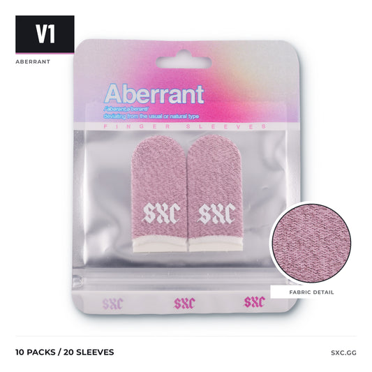 SXC Aberrant V1 ten-pack: pink finger sleeves in retail packaging, a V1 badge, and a circular close-up of the actual fabric. Includes 10 packs / 20 sleeves.