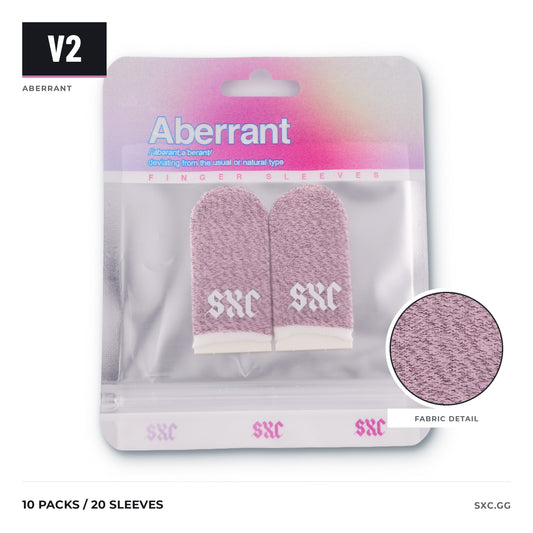 SXC Aberrant V2 ten-pack: pink finger sleeves in retail packaging, a V2 badge, and a circular close-up of the actual fabric. Includes 10 packs / 20 sleeves.