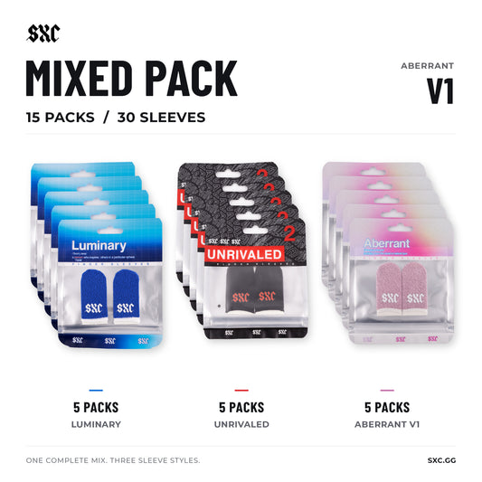 SXC mixed pack with 5 Luminary, 5 Unrivaled and 5 Aberrant V1 retail packs: 15 packs and 30 finger sleeves total.