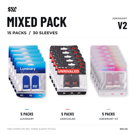 SXC mixed pack with 5 Luminary, 5 Unrivaled and 5 Aberrant V2 retail packs: 15 packs and 30 finger sleeves total.